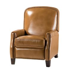 a brown leather recliner chair with studding on the arms and backrests