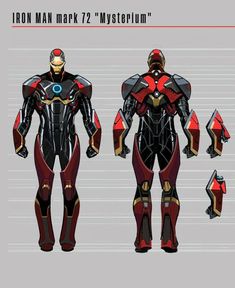 the iron man mark 2 costume is shown in red and black, with multiple armors