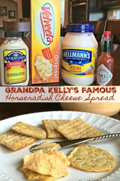 the ingredients for grandma kelly's famous cheesy spread on a white plate