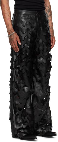 Wide-leg buffed faux-leather pants. Laser-cut pattern throughout. · Two-pocket styling · Zip-fly · Full mesh lining Supplier color: Black Fringe Pants, Womens Black Pants, Mens Leather Pants, Laser Cut Leather, Laser Cut Patterns, Faux Leather Boots, Faux Leather Pants, Cropped Trousers, Straight Leg Pants