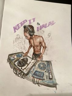 a drawing of a man holding a dj's turntable