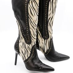 Colin Stuart Zebra Print Leather Boots. Knee High. Size 6. 4 Inch Heel. Excellent Upper Condition. Good Bottom Condition With Minor/Minimal Scuffs. Very Comfortable Boots. Zippered. Pointed Toe. Bronze Rivets. Soft Leather. Leather Boots Knee High, Swedish Clogs, Boots Knee High, Comfortable Boots, Boots Knee, 4 Inch Heels, Printed Leather, Zebra Print, Rivets