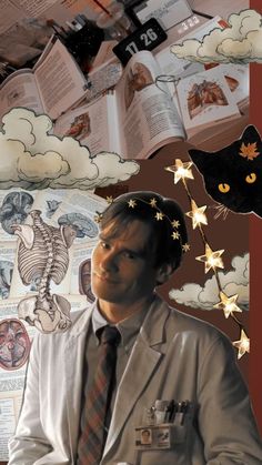 a man in a suit and tie standing next to a cat with stars on his head