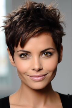 Salt And Pepper Pixie Haircut, Dark Brown Hair Color Ideas, Braun Hair, 40 Hairstyles, Haircuts Women, Brunette Pixie, Hair 50