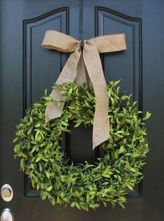 Everyday Boxwood Wreath Boxwood Wreaths, Wreath With Burlap, Wreath Burlap, Boxwood Wreath, Artificial Boxwood, Outdoor Wreaths, Burlap Bow, Year Round Wreath, Green Wreath