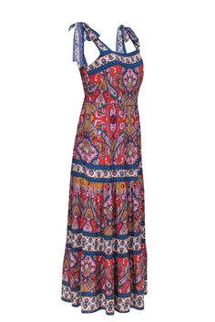 Get ready to turn heads in this dreamy dress from Shoshanna! This stunning midi features tie straps and a flowy tiered skirt, adorned with an artful mix of floral and paisley patterns in vibrant colors. Perfect for any sunny occasion, this dress will make you feel effortlessly beautiful. Style with a woven sandal or add some glam with metallic gold heels. Size 10 55% Viscose, 45% Rayon Unlined Hidden back zip Tie-shoulder straps Smocked back Square neckline A-line silhouette Bust 33" Waist 36" S Bohemian Tiered Maxi Dress With Tie Straps, Bohemian Tiered Dress With Adjustable Straps, Bohemian Dress With Adjustable Straps And Tiered Design, Multicolor Maxi Dress With Tie Straps, Bohemian Tiered Sundress With Floral Print, Bohemian Tiered Floral Print Sundress, Multicolor Sundress With Tie Straps, Bohemian Paisley Print Midi Dress For Summer, Bohemian Midi Dress With Paisley Print For Summer