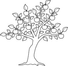 an apple tree with leaves and apples on the branches is outlined in black and white