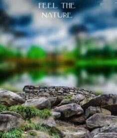 an artistic photo of rocks and grass near water with the words tell the nature written on it