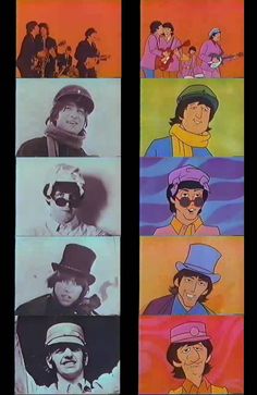 the beatles are wearing hats and scarves for their performance in this cartoon, they appear to be singing