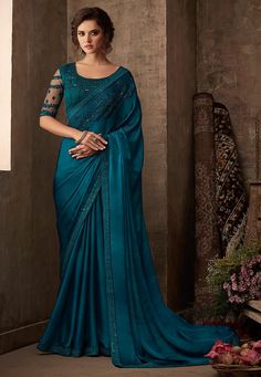 Blue Silk Saree, Sari Design, Silk Saree Blouse, Blue Saree, Sari Blouse, Embellished Blouse