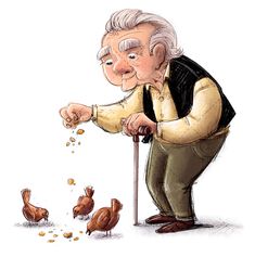 an old man feeding chickens with his hand and looking at the ground while he is eating