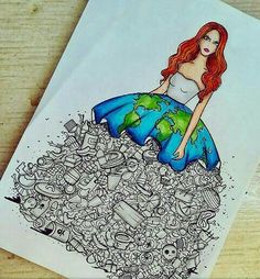 a drawing of a woman in a dress with the earth on it