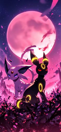 two cats are standing in front of a full moon and some bushes with glowing eyes