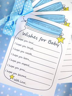 three baby wishes cards with blue bows on them, one is for a baby and the other is for a boy