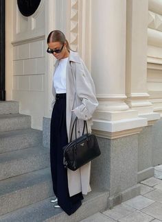 Fall work outfit Light grey long coat White t shirt Black wide leg pants Silver ballet flats   Follow my shop @CheryC_Style on the @shop.LTK app to shop this post and get my exclusive app-only content!  #liketkit #LTKxPrimeDay #LTKStyleTip #LTKWorkwear @shop.ltk https://liketk.it/4SQGT Gray Shirt Outfit, Cute Professional Outfits, Silver Ballet Flats, Summer Office Outfits, Elegant Classy Outfits, Style Désinvolte Chic, Chic Business Casual, Cute Work Outfits, High Waisted Dress Pants