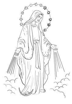 the virgin mary with stars above her head and clouds in the sky, outlined on white paper