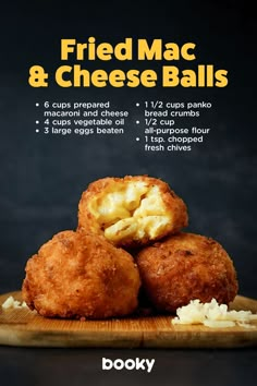 fried mac and cheese balls on a cutting board with text overlay that reads, fried mac and cheese balls