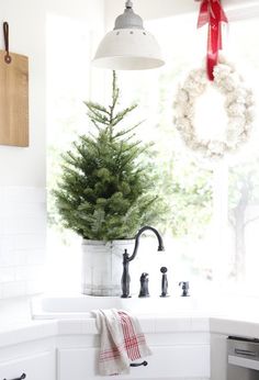 a small christmas tree in a white kitchen