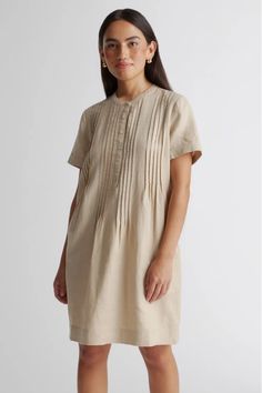 Meet the easiest, breeziest one-and-done outfit you’ll ever put on: an effortless linen dress. Available in a range of lengths and silhouettes, these linen dresses are so versatile and chic, the compliments will be rolling in. Our linen is made from 100% European flax, which is an eco-friendly, and resource-light material. And while we love it in warmer weather, linen is the ultimate year-round fabric because it's breathable and naturally heat-regulating. Casual Summer Pleated Dress For Daywear, Casual Pleated Dress For Summer Daywear, Casual Short Sleeve Pleated Dress, Casual Short Sleeve Dress With Pintucks, Casual Pleated Workwear Dress, Casual Pleated Dress With Pleated Hem For Work, Casual Pleated Midi Dress, Casual Pleated Dress For Work, Casual Dress With Pleated Waist