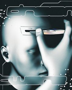 a man holding a cell phone up to his face with futuristic lines in the background