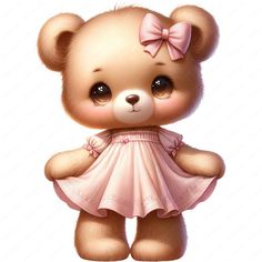 a brown teddy bear wearing a pink dress with a bow on it's head