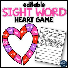 the sight word heart game is shown in pink and red with an image of a large heart