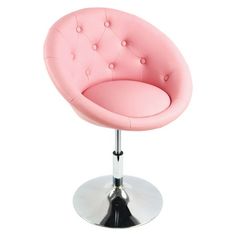 a pink chair sitting on top of a metal base in front of a white background