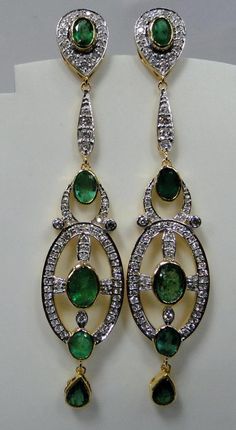 Art Deco 18 K solid gold Diamnds and Emerald dangle earrings. Beautiful one of type pair in very good condition. Length-7.5 cm, width-1.5 cm, the weight of pair-11.210 grams, material-18 K gold, Diamonds and emeralds. Diamond VS GH, approx 2.5 cats. Diamond Emerald Earrings, Emerald Diamond Earrings, Sapphire Solitaire, Handmade Fine Jewelry, Ruby Pendant, Gold Art Deco, Ruby Earrings, Emerald Earrings, Deco Jewelry