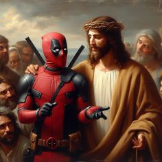 a painting of jesus and deadpool surrounded by people