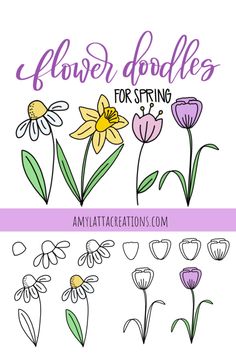 the flower doodles for spring is shown in purple, yellow and white with flowers