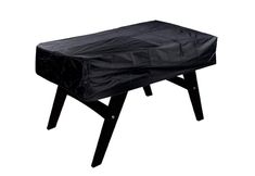 an outdoor table with a black cover on it's legs and one leg up