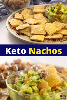 there are two pictures with different foods on the same plate and one has keto nachos in it