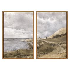 two framed paintings depicting the ocean and land