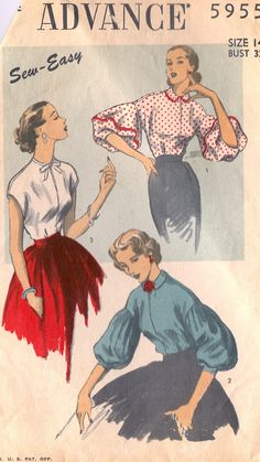 an old fashion sewing pattern for women's blouses and skirts, from the 1950's