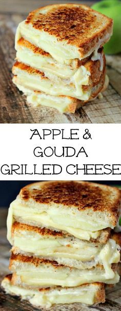 grilled cheese sandwich stacked on top of each other with the words apple and goula