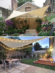 the backyard is decorated with lights and patio furniture