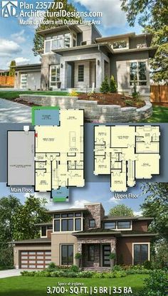 two story house plan with 3 car garages and 2 bedroom, 1 bath apartment