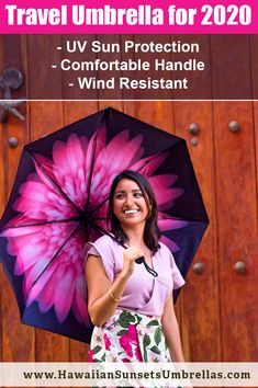 a woman holding an umbrella with the words travel umbrella for 2020