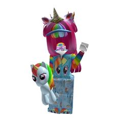 an inflatable unicorn and rainbow pony standing next to each other on a white background