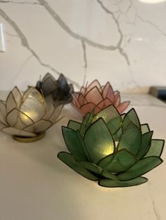 three glass flowers sitting on top of a white counter