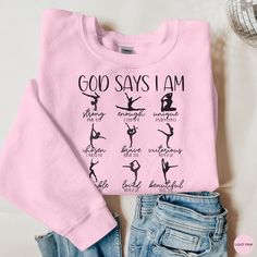 Christian Gymnastics Sweatshirt, God Says I Am Gymnastics Sweatshirt, Gymnastics Gift, Gift for Gymnast, Gymnast Gift, Cute Gymnastics Please note that this listing is for a Sweatshirt only. Please visit our store to see more options. https://simplycozydesignsus.etsy.com  *Need this in a color you don't see listed? Please reach out! I'm always happy to help you find your perfect match! The Adult Gildan 18000 sweatshirt is made from a heavy blend of cotton and polyester, making it perfect for any situation. The ribbed knit collar will keep your neck warm, and the garment is machine-washable, so you can be sure it will look fresh and beautiful even after repeated washes. 𝐃𝐄𝐒𝐈𝐆𝐍 𝐈𝐍𝐅𝐎: ➡️ The printing used for this garment is Direct-To-Garment (DTG) printing. The process itself resem Gymnastics Sweatshirts, Soccer Sweatshirt, Soccer Hoodies, Gymnastics Gifts, Soccer Gifts, Soccer Shirt, Girls Soccer, God Says, Toddler Hoodie