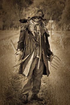 the scarecrow is walking through the field with his pitchforks