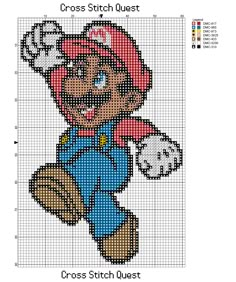 a cross stitch pattern with an image of a cartoon character in blue overalls and red hat