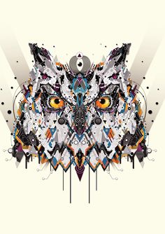 an abstract artwork piece with different colors and shapes, including the face of an owl