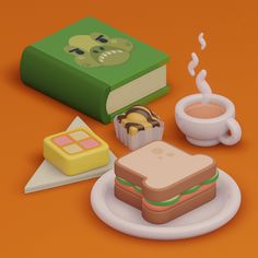 a sandwich, cup of coffee and book on an orange background with the image of a green monster