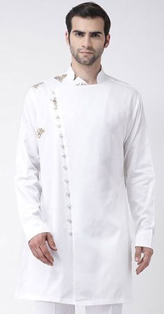 White and Off White color Kurta in Cotton fabric with Thread work Mens Indian Wear, White Kurta, Chinese Collar, Utsav Fashion, Cotton Kurta, Thread Work, Off White Color, How To Dye Fabric, Indian Wear