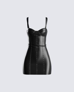 Dangerous, but in all the best ways 😏 Tempt them with a good time in this edgy, sexy vegan leather dress complete with an underwire bra and open lace back 🖤 Backless Corset Dress With Built-in Bra For Night Out, Gothic Corset Dress With Straps For Night Out, Black Corset Dress With Built-in Bra For Date Night, Black Mini Dress With Adjustable Straps For Club, Gothic Corset Dress With Straps For Party, Gothic Party Corset Dress With Straps, Black Corset Dress With Built-in Bra For Night Out, Gothic Mini Dress With Straps, Gothic Spaghetti Strap Mini Dress For Night Out