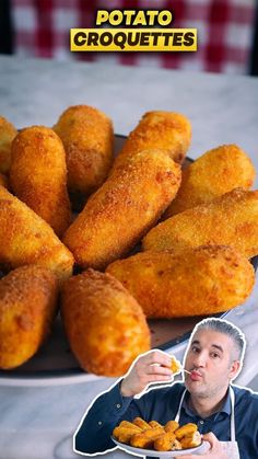 a man holding a plate with fried food on it next to an image of chicken nuggets