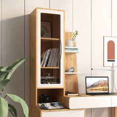 a laptop computer sitting on top of a wooden desk next to a book shelf filled with books