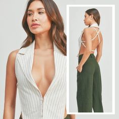 A feminine women's top with inspiration from men's tailoring. The lapels and pinstripes with the plunging neckline and open back create a fun design and statement piece. Striped Vest, Striped Vests, Feminine Women, Open Back Top, Cropped Tops, Fun Design, Plunging Neckline